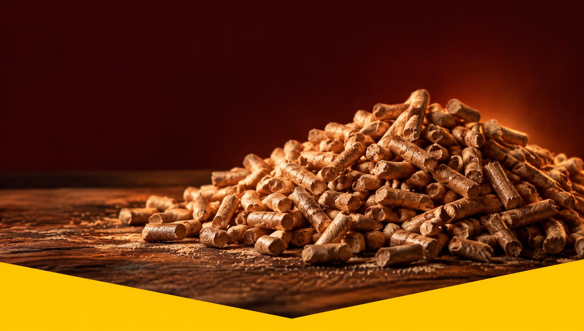 Hoop houtpellets voor een wazig dennenbos